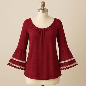 Winwin Boho Burgundy Peasant Top Lace Trim Bell Sleeve Hippie Tunic Blouse Sz M